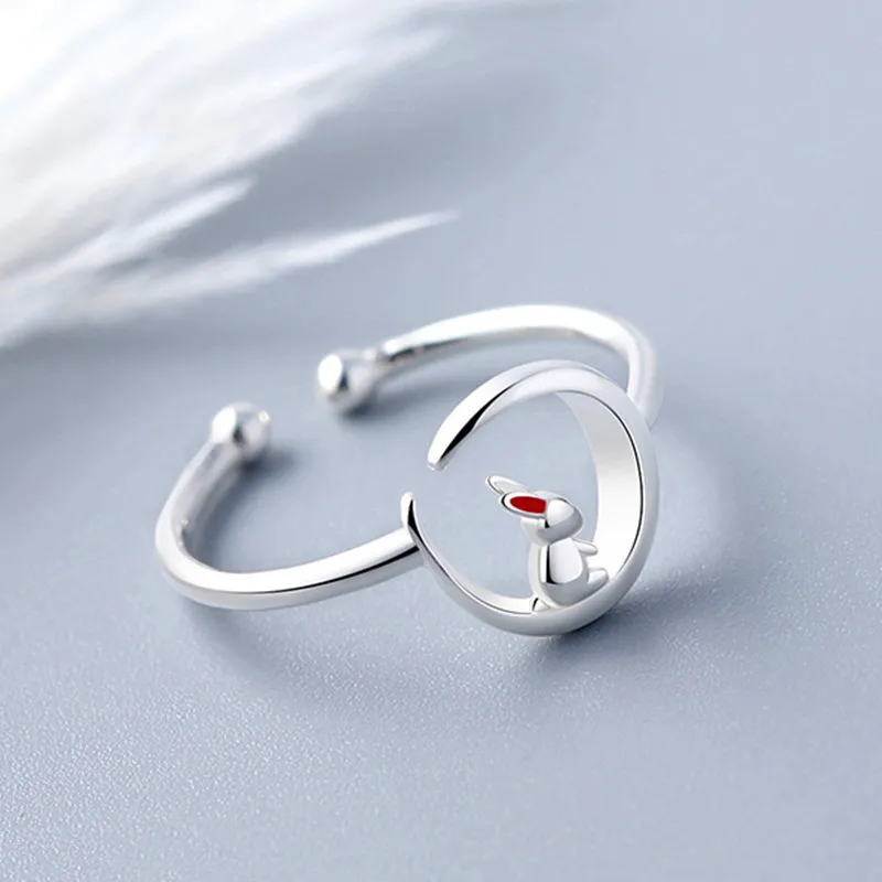 Nueva moda exquisita Luna torcida joyería de plata de ley 925 lindo conejo de Jade dulce Animal anillos de apertura R246