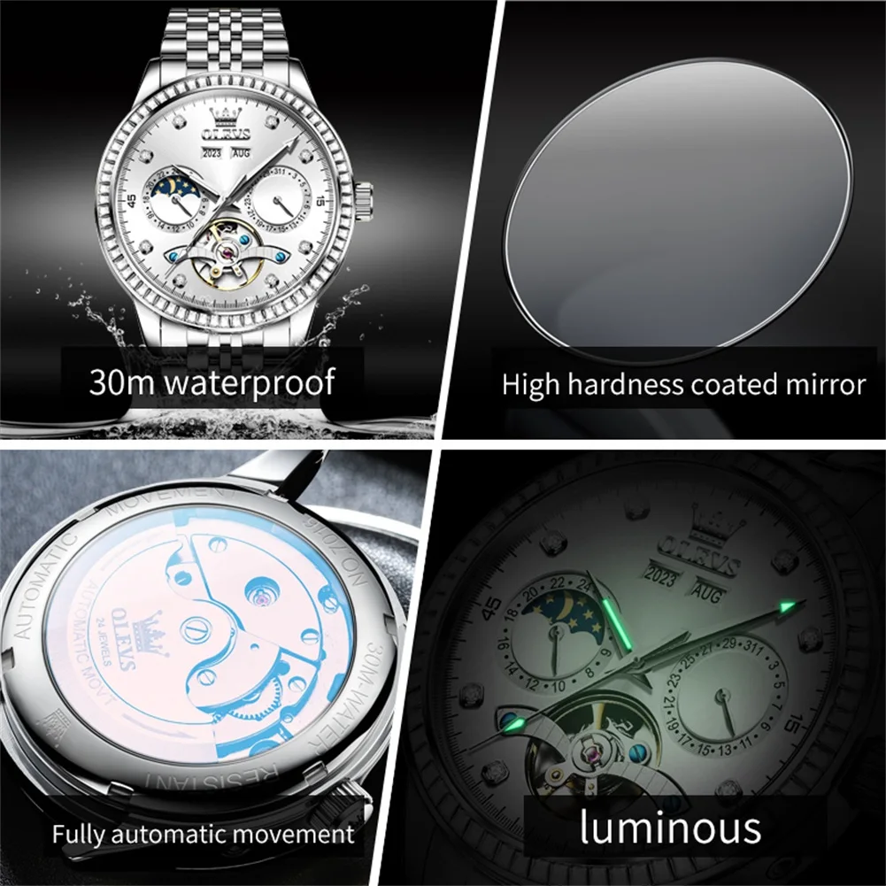 Orologio di marca OLEVS con striscia di acciaio, calendario singolo, orologio meccanico automatico, luce notturna, orologio da uomo impermeabile 7016