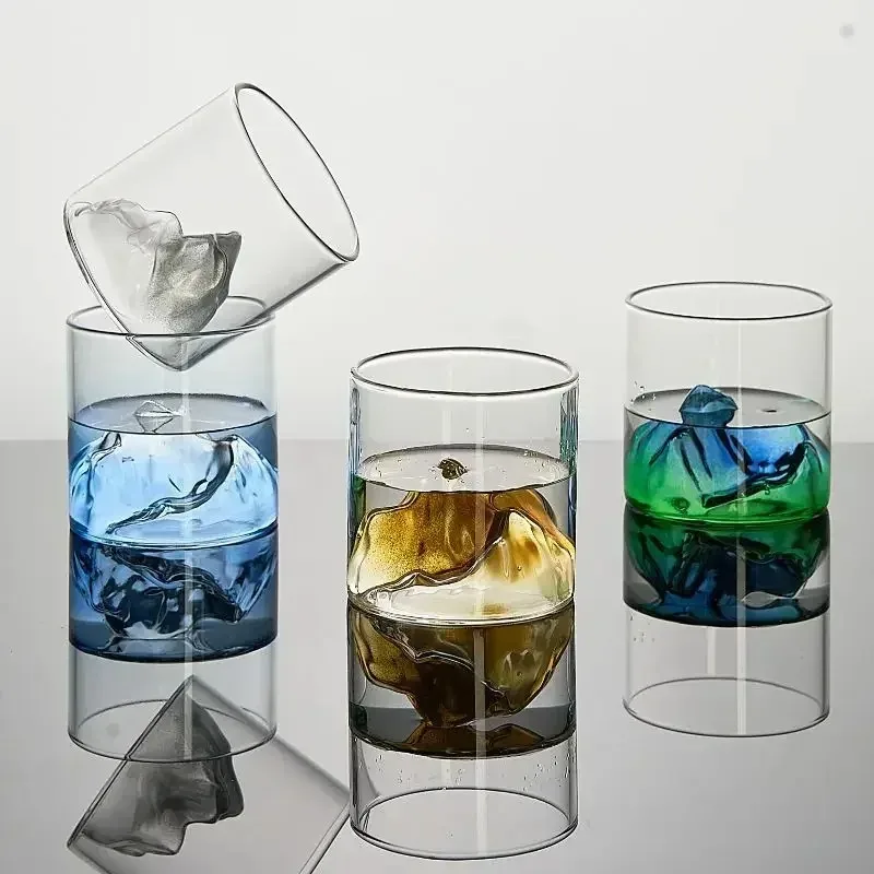 Taza de cristal de whisky de 170ml, 1 Uds., taza de glaciar de agua de montaña 3D, copas de vino de Vodka, obra de arte Fuji, regalo, botella de whisky, artículos para beber