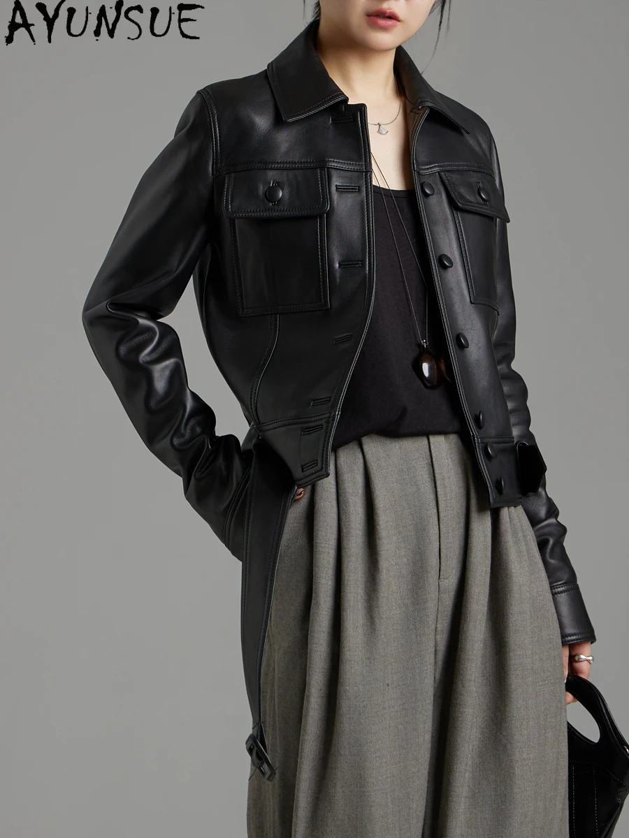 AYUNSUE 本革ジャケットの女性 2025 リアルシープスキンレディースコートベルト春秋服ショートスタイル Jaqueta デ Couro