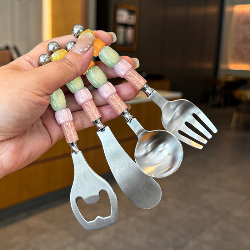 Creative Acrylic Colored Bead Flash Diamond 304 Stainless Steel Utensil Spoon Fork Butter Knife Home Beer Bottle Opener
