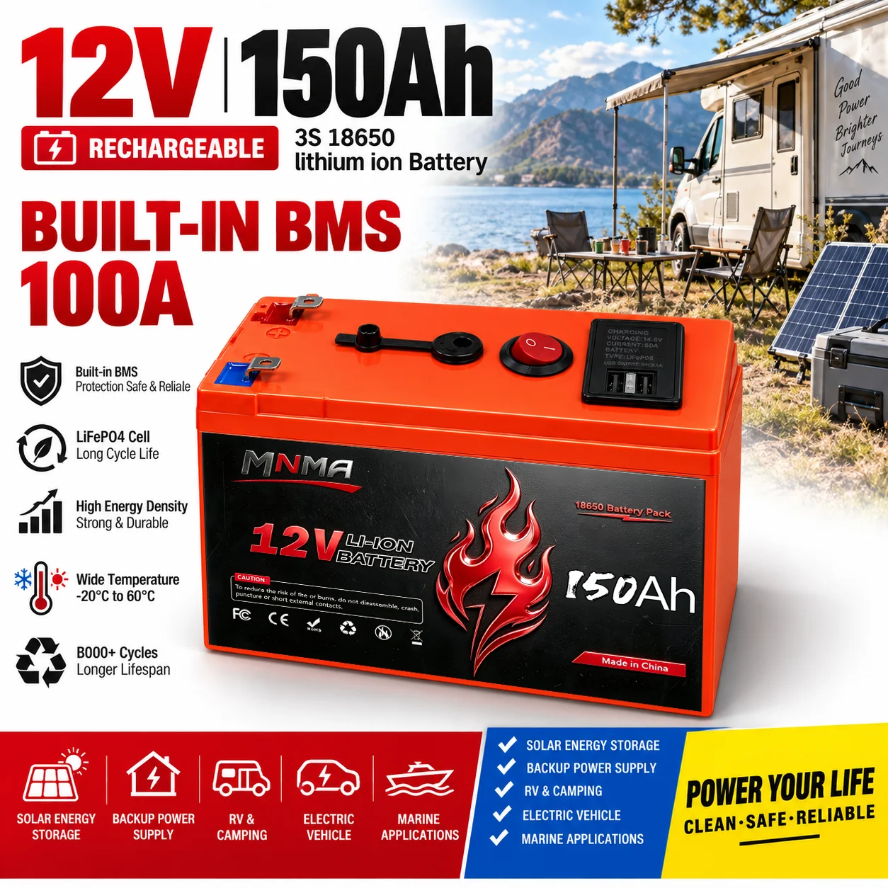 12V 100Ah 150Ah lithium-ion battery built-in 4000+deep cycle suitable for fish exploration and off grid electrical UPS inverter