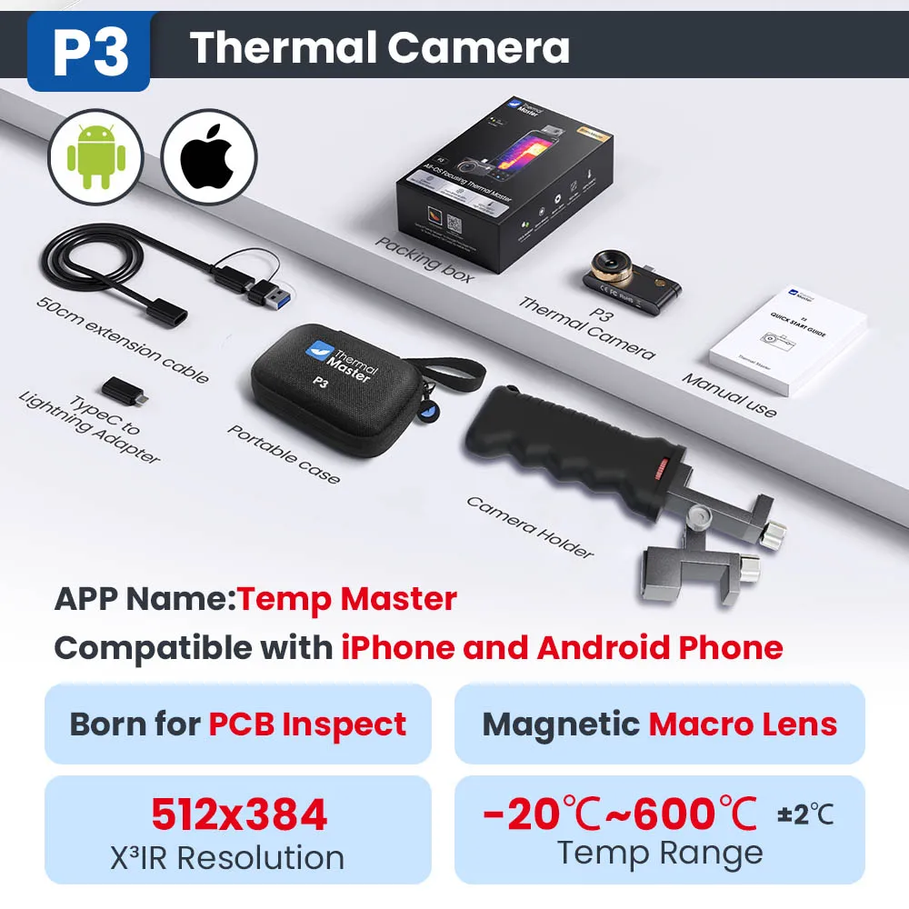 P3 Thermische Camera voor ios iPhone en Android Telefoon Macro Lens 512*384X3IR Resolutie PCB Printplaat telefoon Reparatie 600 ℃
