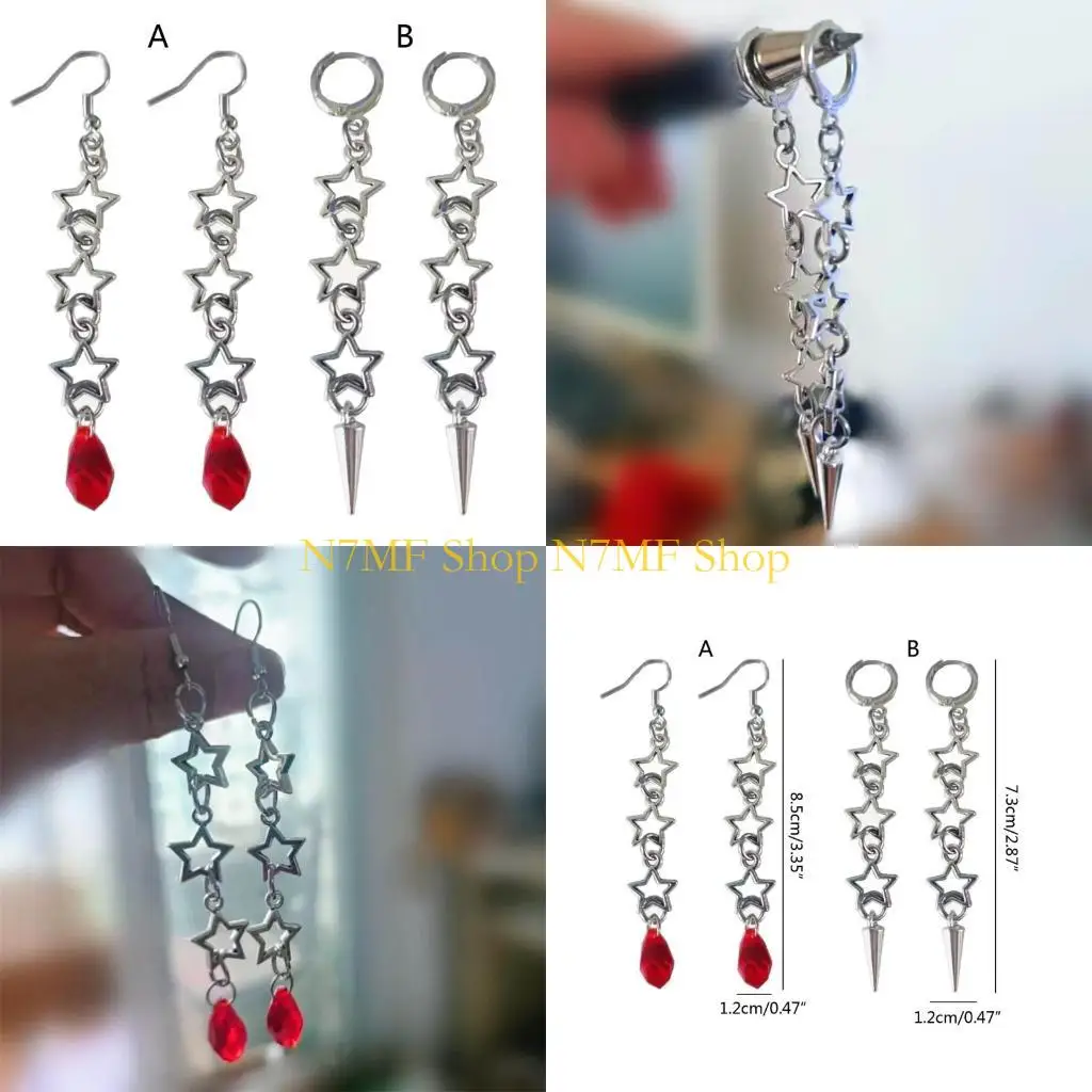 N7MF Fashionable Star-shaped Dangle Earrings Trend Ear Studs with Intricated Carving & Red Imitation Gemstones Ear Jewellery