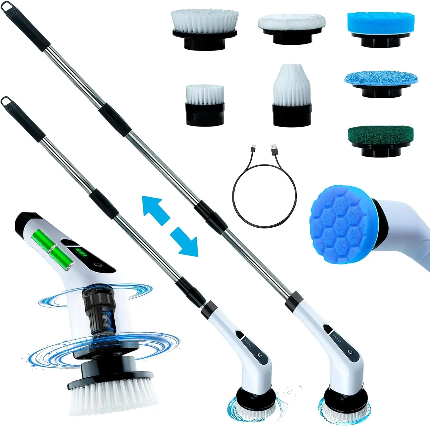 

Электрический вращающийся скруббер Chimera MKT — беспроводной, 7 головок, 2 скорости, очиститель для душа с длинной ручкой (белый)