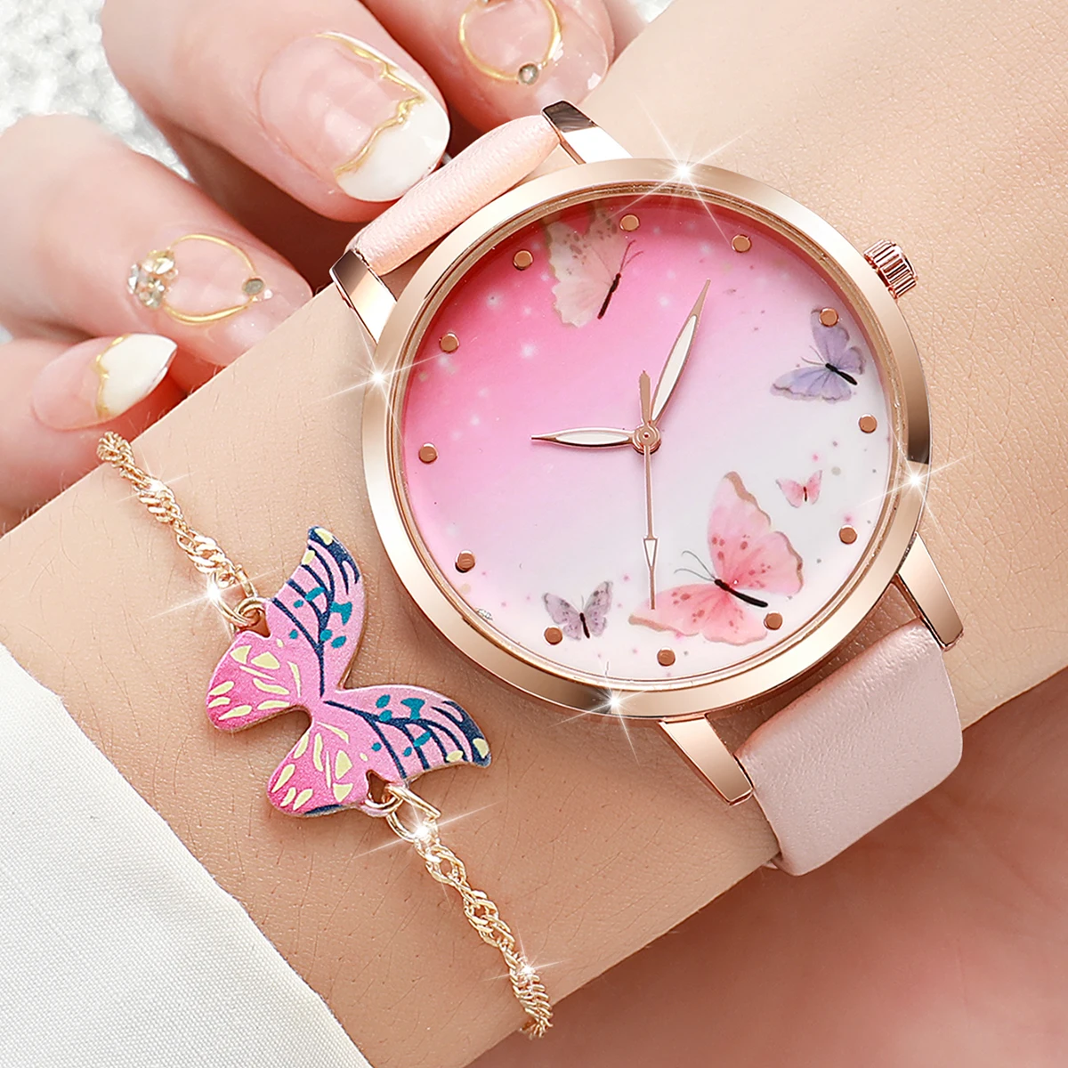 5PCS/Set Women\'s Watch Fashion Butterfly Dial Leather Band Quartz Watches Jewelry Set（Without Box）