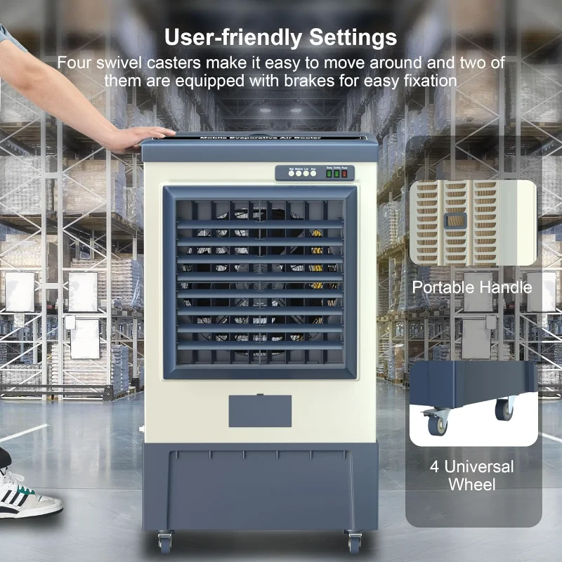 مبرد مستنقع 6500CFM، مبرد هواء تبخيري مع خزان مياه 19 جالون، تعبئة تلقائية مستمرة، 120 °   التذبذب، 3 سرعات، خارجي