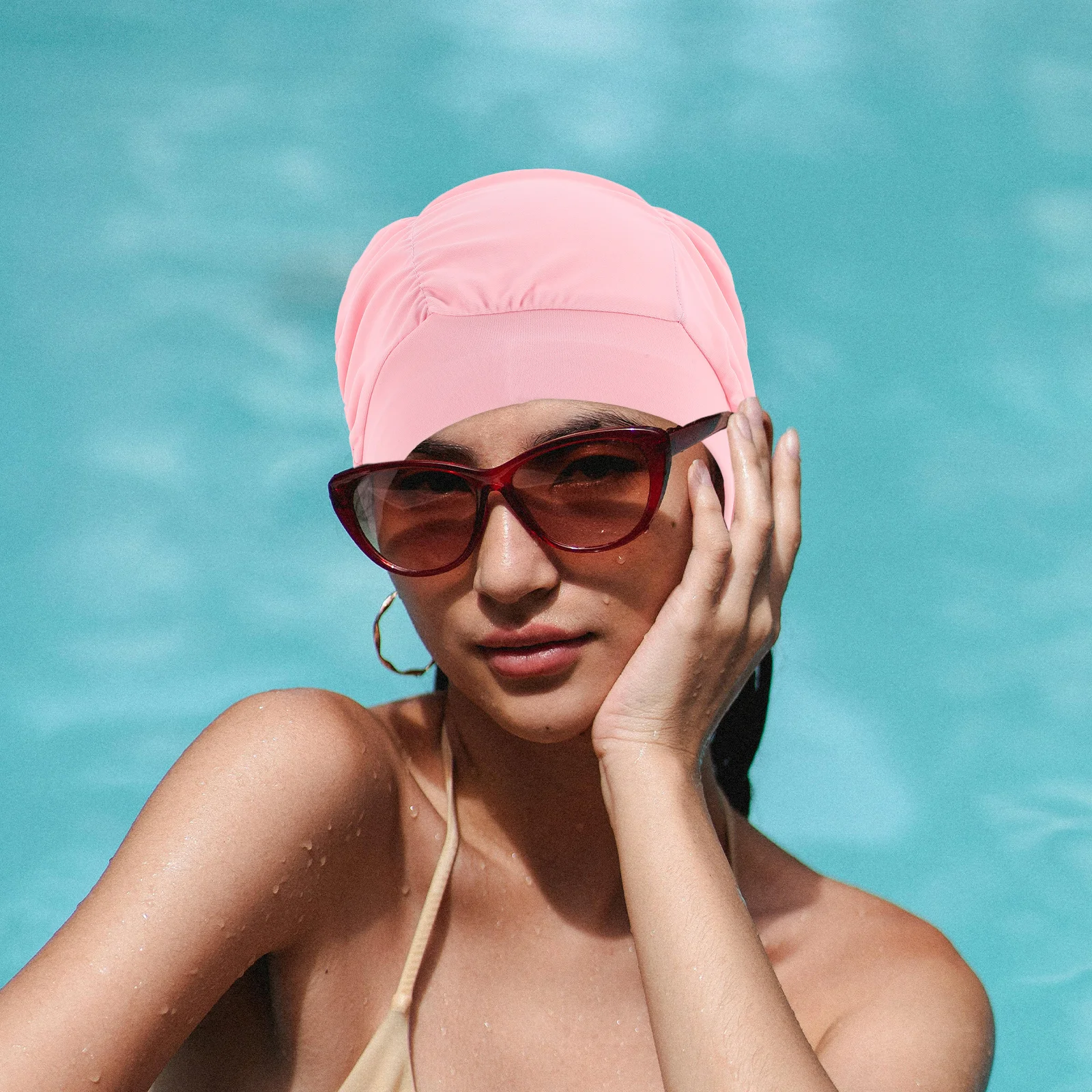 

2Pcs Women's Pleated Swimming Cap Large Capacity Swim Hat Elastic Quick Dry Uv Protection for Water Activities