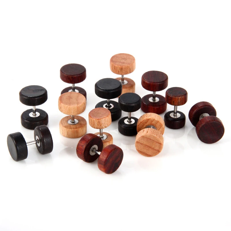 WKOUD Fake Plugs Wood Stud Earrings Fake Gauge Natural Wood Cheater Plugs Faux Gauges Earrings For Men Women 6-12mm