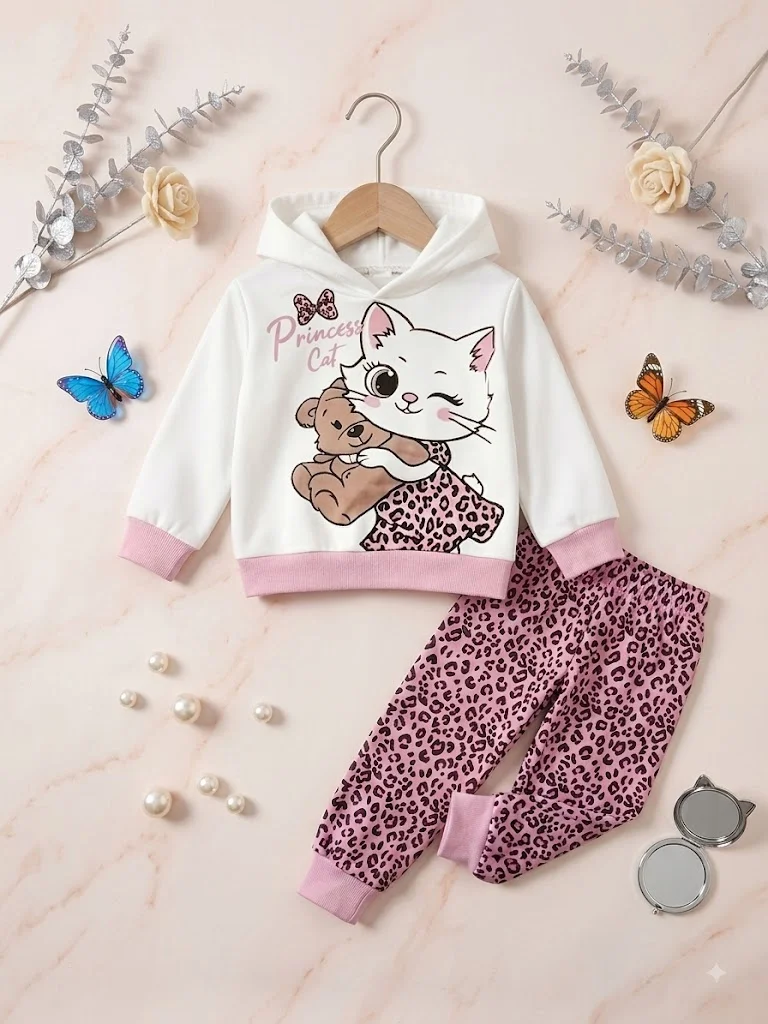 Toddler Girl Princess Cat Leopard Print Hoodie Tracksuit 2Pcs Outfit Set