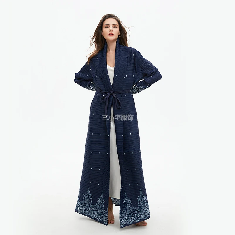 2024 New Abaya Original Designer Model Shawl Large Lapel Tie Cardigan Jacket Long Loose Pleated Dress Robe