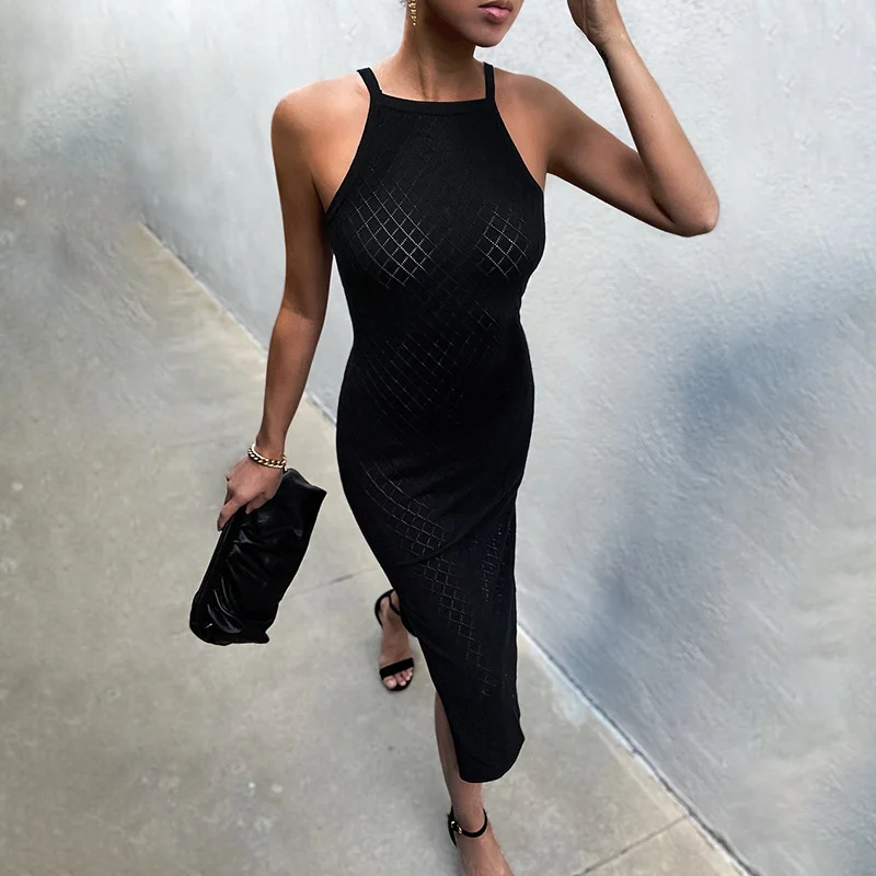 Abito da donna in maglia con spacco laterale trasparente con cinturino sexy da spiaggia, costume da bagno velato all'uncinetto, copricostume bikini, vestido femminile