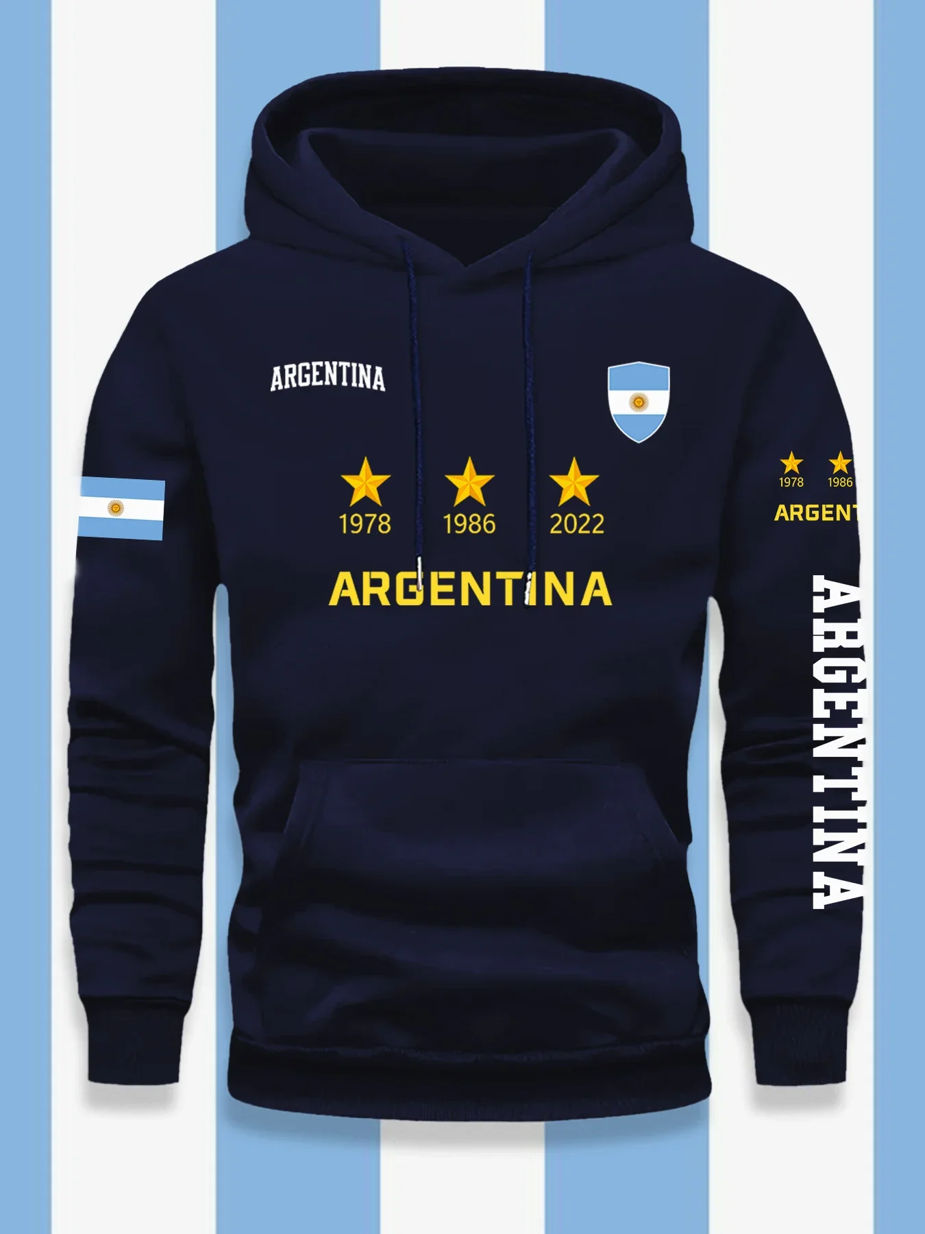 Sweat à capuche en polaire pour homme, motif minimaliste drapeau Argentine trois étoiles Coupe du Monde, pour supporter de football, coupe ample, décontracté, usage quotidien