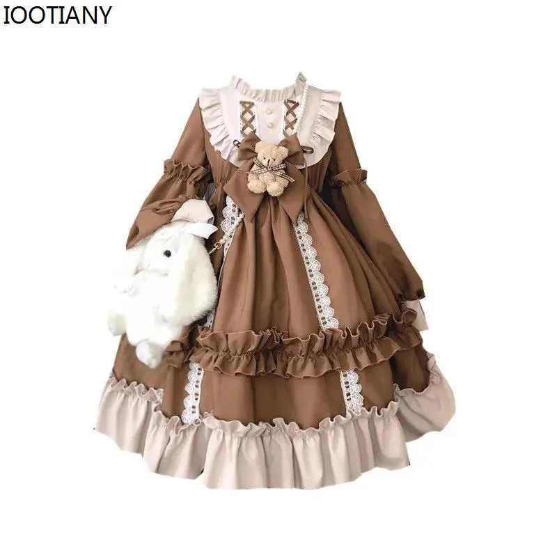 Primavera japonesa kawaii lolita vestido menina cosplay roupas femininas bonito arco urso renda vestido azul manga longa vestido de princesa 2025