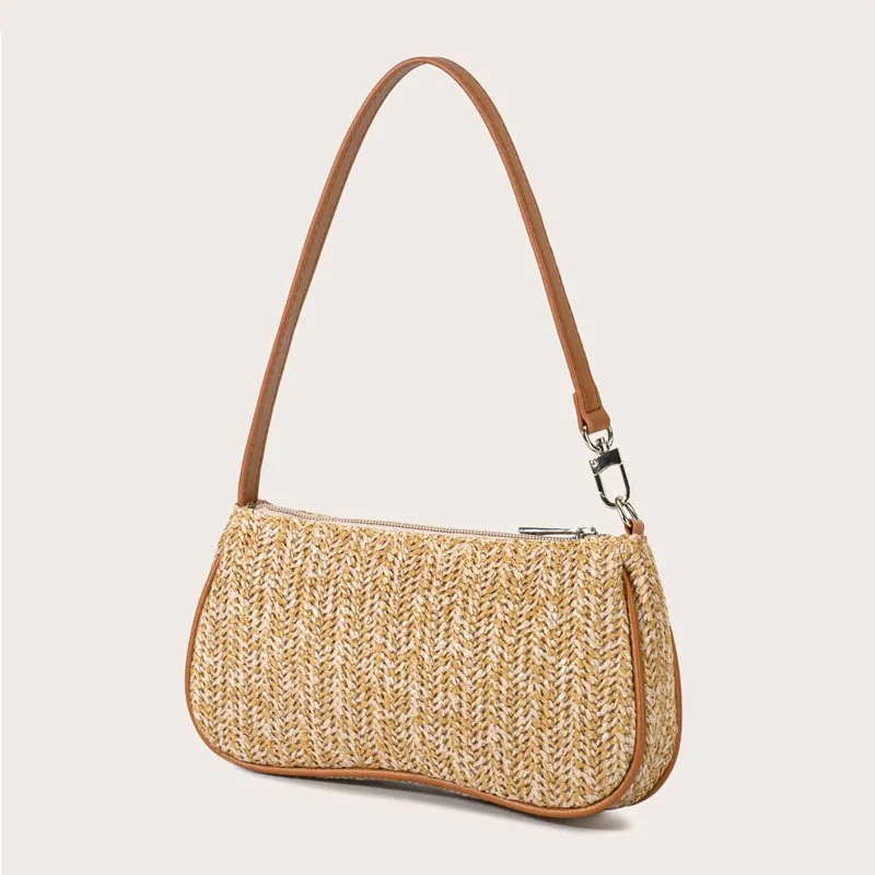 

Women Shoulder Bag Straw Weaving Solid Color Simple Daily Casual Versatile Armpit Bags Classic Retro Large Capacity Handbag