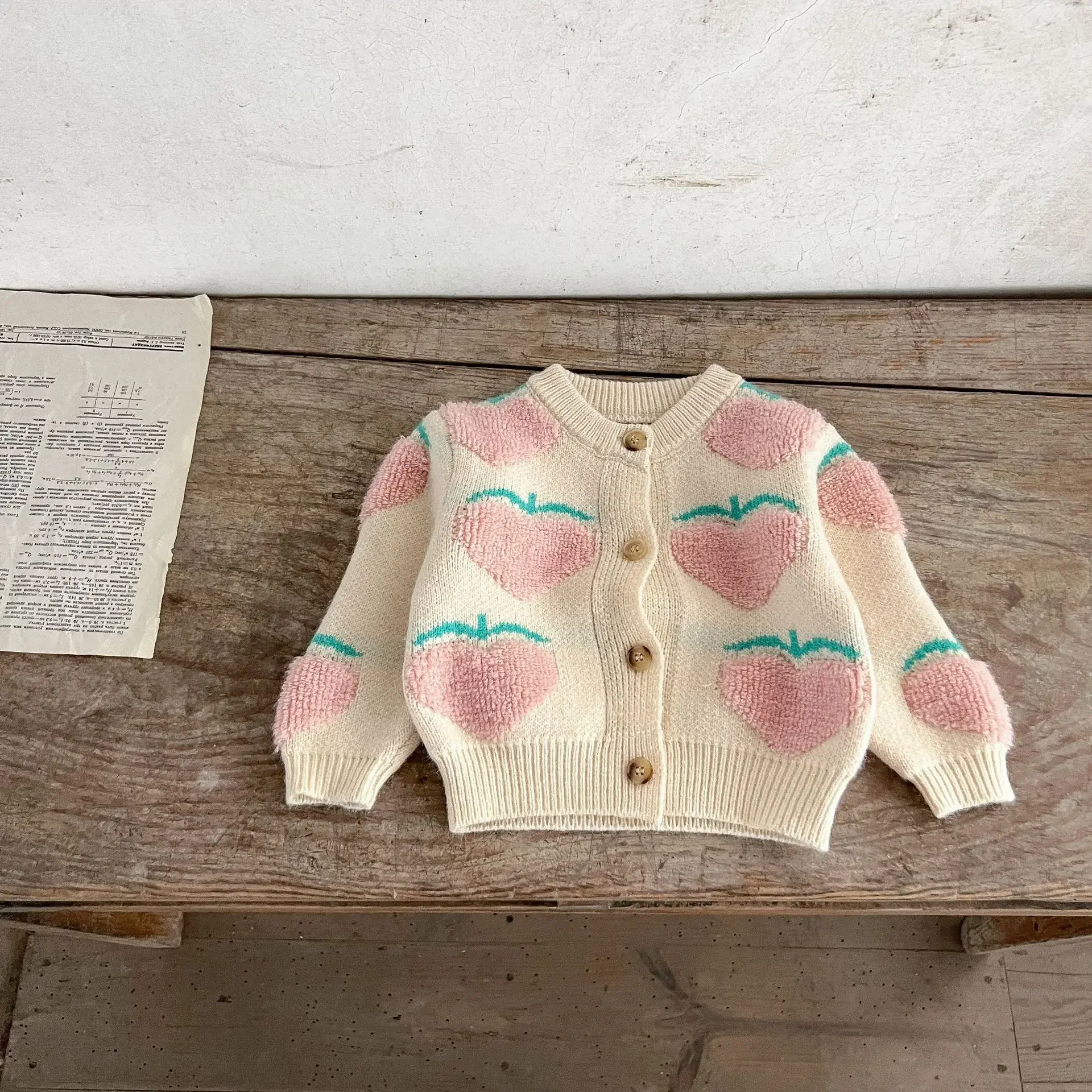 2023 Winter New in Infant Baby Girls Full Sleeve Peach Embroidery Top Knitted Coat Overalls Ruffles Lace Shirts Kids Clothing