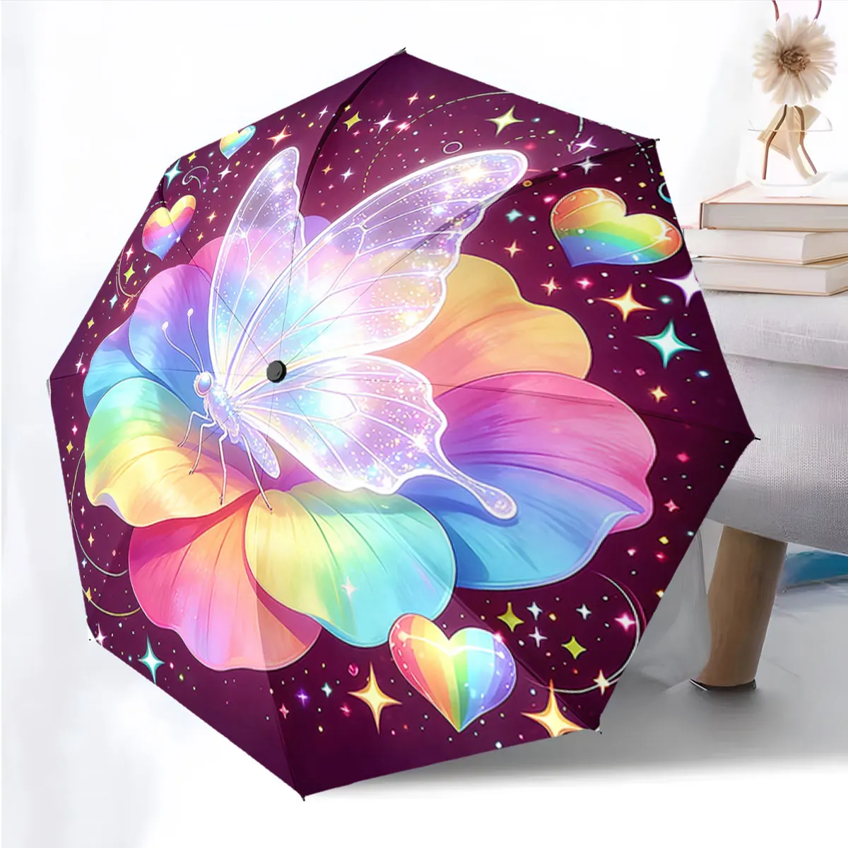 1PC Colorful Butterfly Umbrella with Cosmic Design Print 8 Iron Ribs Folding Umbrella Auto-Open Fashion Sunshade