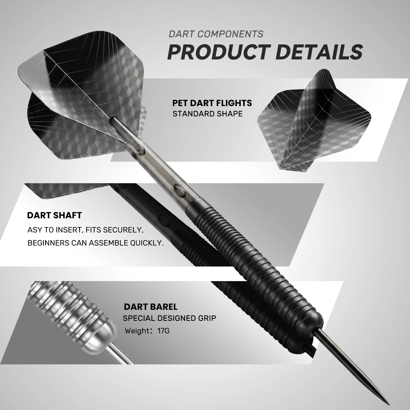 HUANQU 17g Steel Tip Dart Set Textured Grip Barrel Colorful PET Flights with Case Professional Darts for Adults Game Training