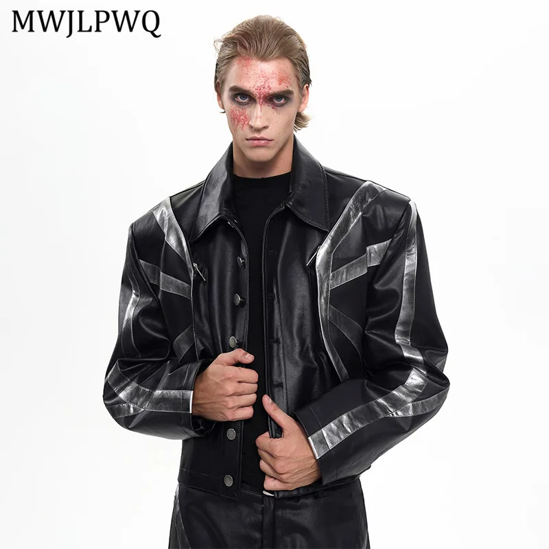

MWJLPWQ Black Dirty Short Leather Jacket Men 2025 Autumn Patchwork Lapel Single Breasted Street Oversized Motorcycle Tops 11312