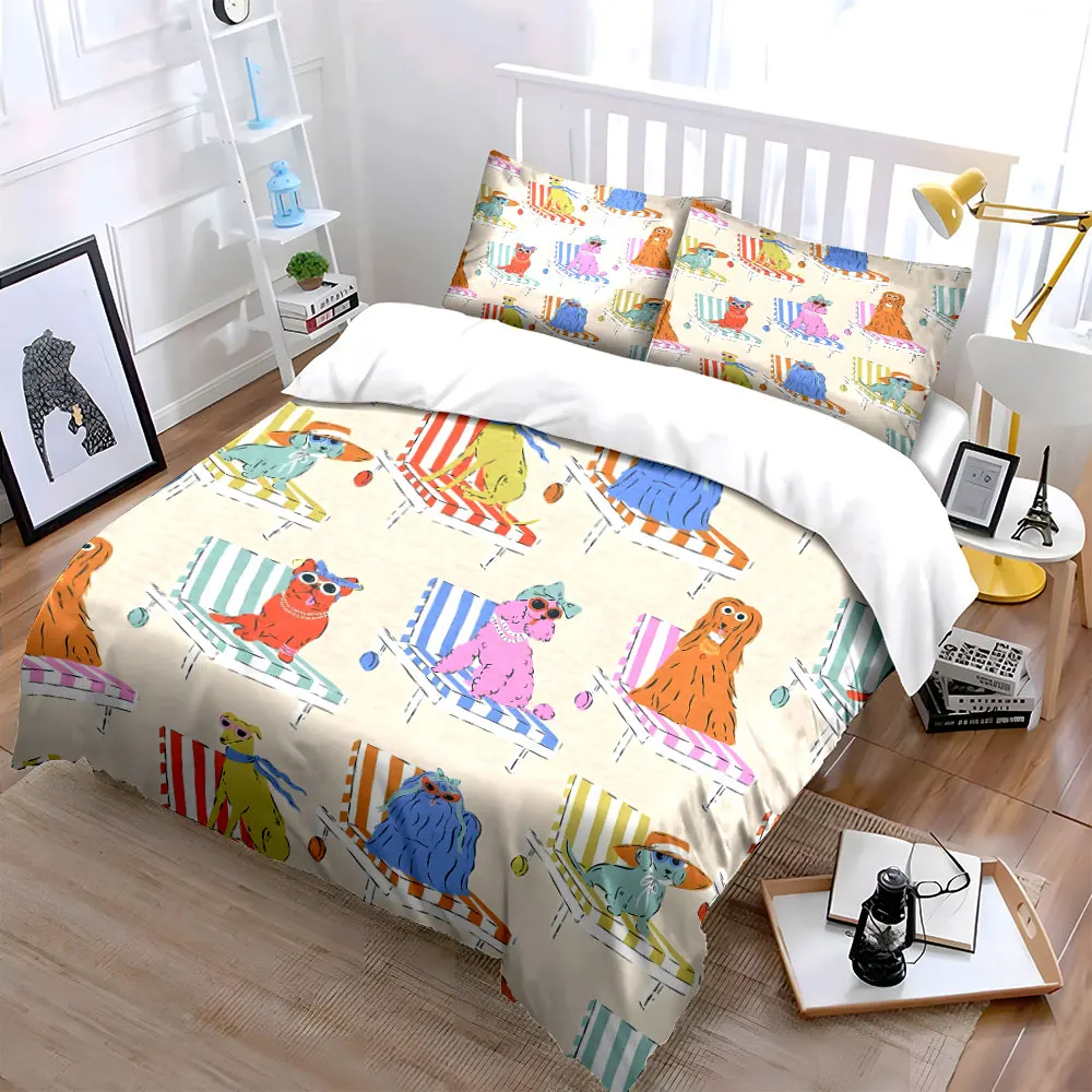 Stylish dogs lounging in the sun Pattern Duvet Cover Set Digital Print Colorful Polyester Bedding with Zipper Closur for gifts