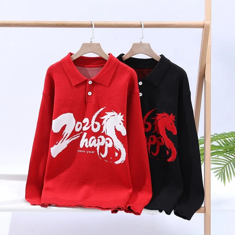 

Красный вязаный свитер для мужчин: теплый, осенне-зимний, повседневный, из утолщенной ткани, с дизайнерским узором, для ношения под одеждой