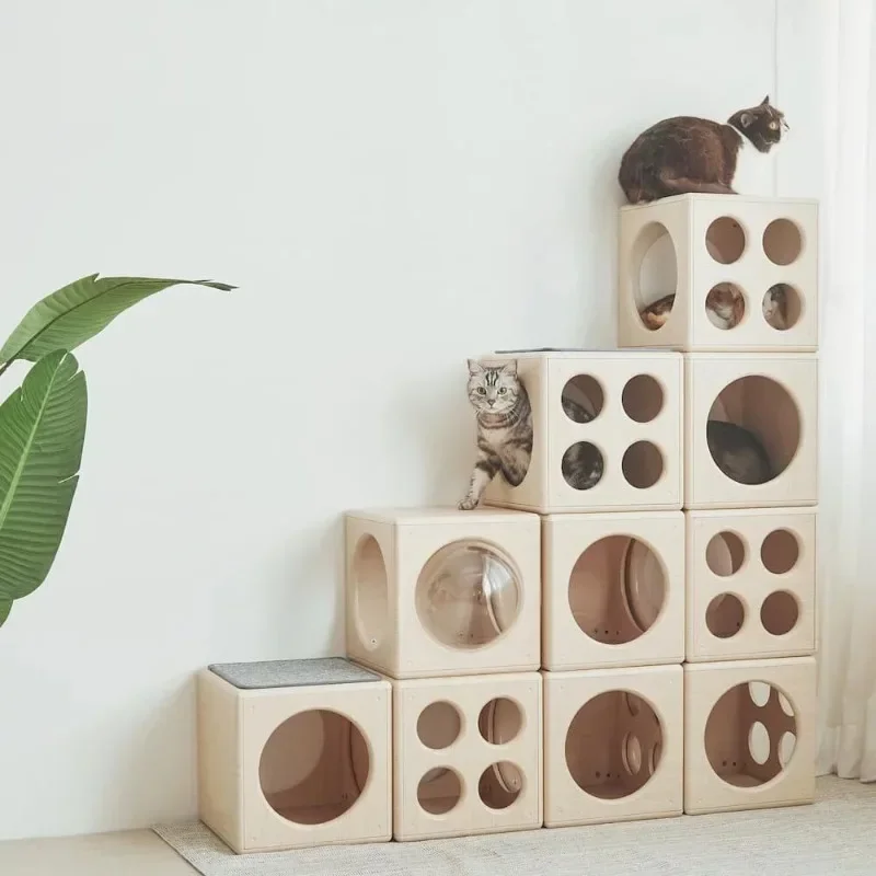 Wooden Semi-enclosed Cat House Building Block Combination DIY Products Cat Climbing Frame Nest Tunnel Labyrinth Space Scratchers