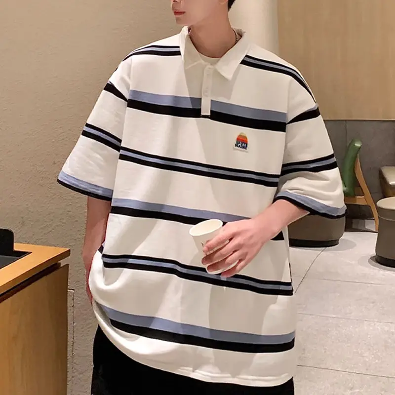 Extra large size American striped polo shirt short-sleeved men\'s and women\'s all-match tops summer ins high street five-quarter