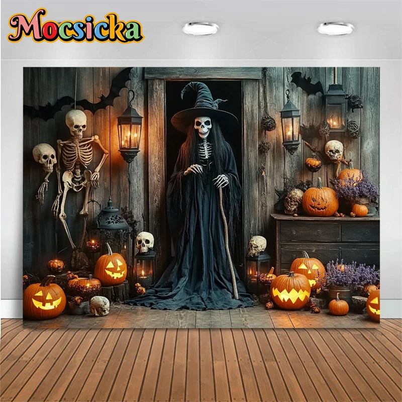 Mocsicka Photography Backdrop Halloween Decoration Witch Skeleton Pumpkin Wooden House Background Spooky Party Photo Prop Banner