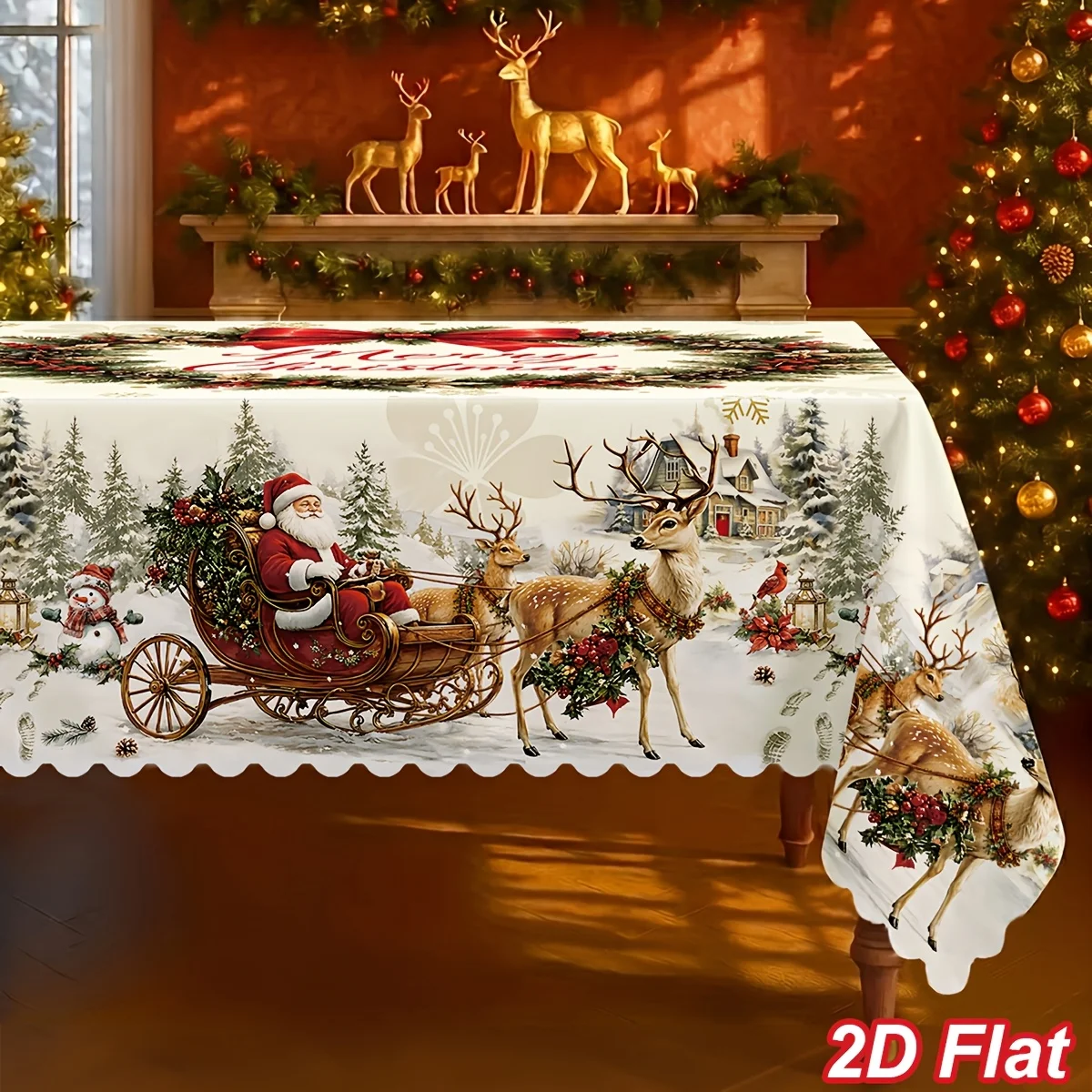 1-Piece, Vintage Christmas Tablecloth, Santa Claus Sleigh Reindeer Snowman Pattern Rectangle Table Cover for Table Decoration