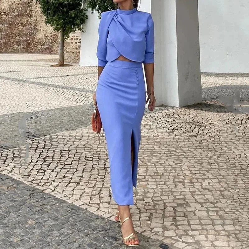 Frauen Zwei Stück Rock Sets Solide Unregelmäßige Tops Halbe Hülse Hohe Taille Split Röcke Elegante Dame Slim Fit Frühling Sommer 2025