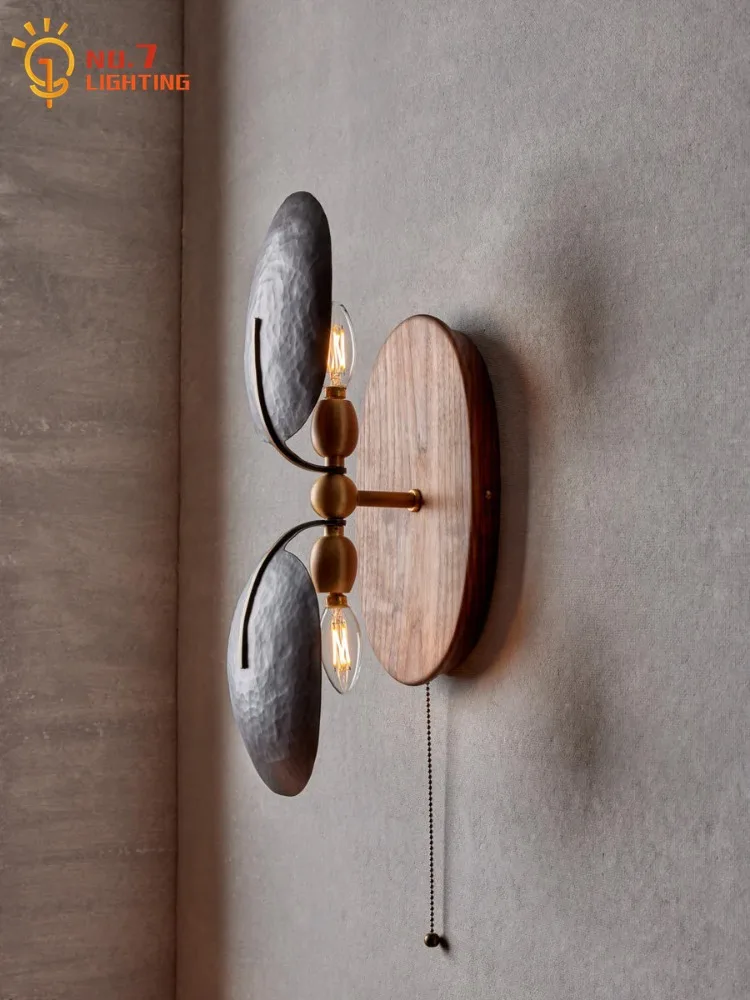 American Retro Solid Wood Copper Wall Lamp LED E27 Designer Wall Mounted Hotel Model Room Corridor Aisle Balcony Background Cafe - view 6