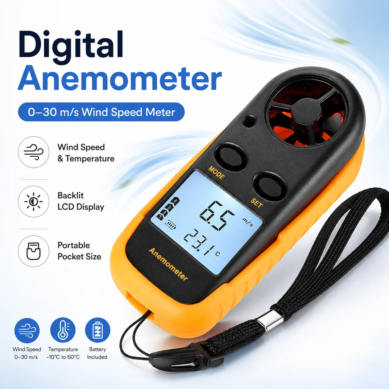 Digital Anemometer Wind Speed Meter With Temperature Measurement LCD Display 0-30m/s Portable Air Velocity Tester Tool