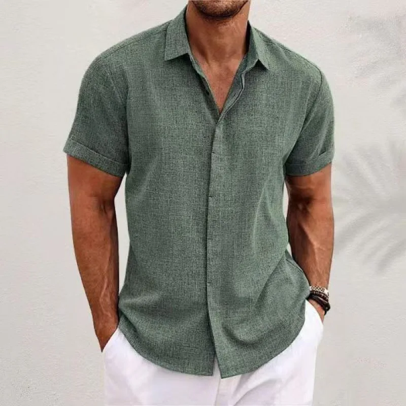 

Men's Double Placket Cotton Linen Cardigan Short Sleeve High Quality Solid Color Shirt Summer Fashion