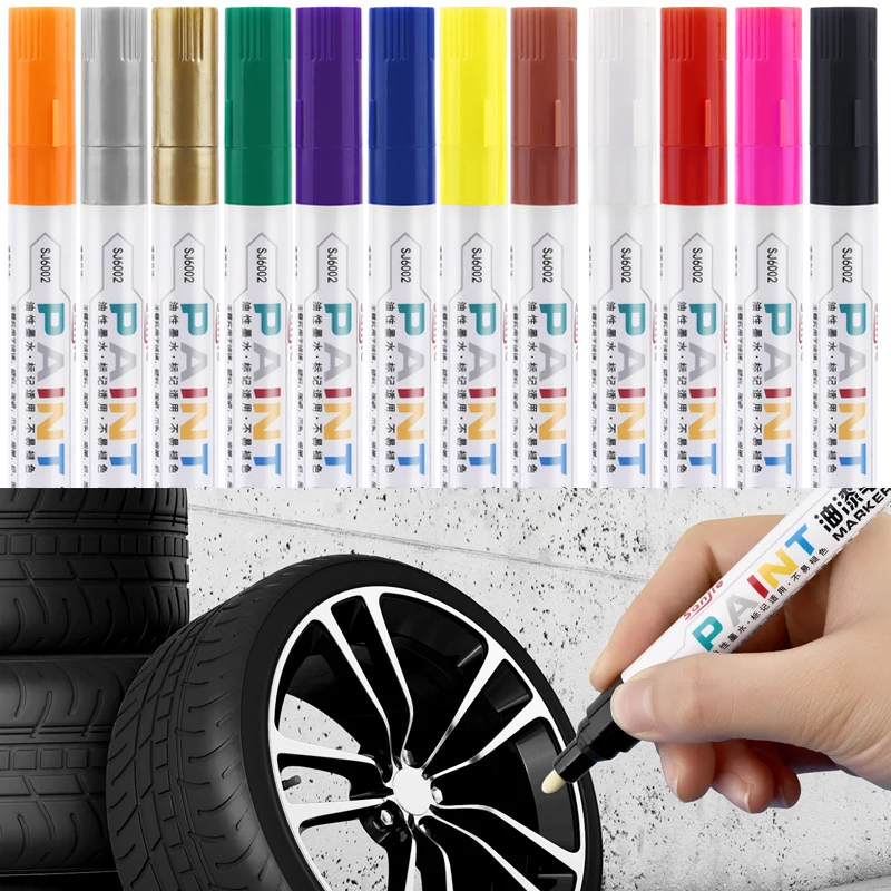 12 Color Waterproof Cars Wheel Tyre Tread Tire Paint Pen Marker Oily Mark Pen Stone Ceramic Glass Wood DIY Art Graffiti Pen Tool