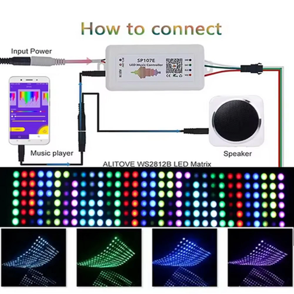SP107E DC5-24V LED Music Controller With Wireless Bluetooth-compatible SPI Full Color Music Control By Phone APP For WS2812B