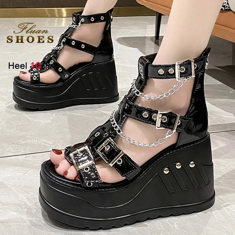 

2025 New Summer Black Chains Women's Knight Boots Wedge High Heels 10cm Ladies Pumps Belt Buckle Back Zipper Short Sandals Boots