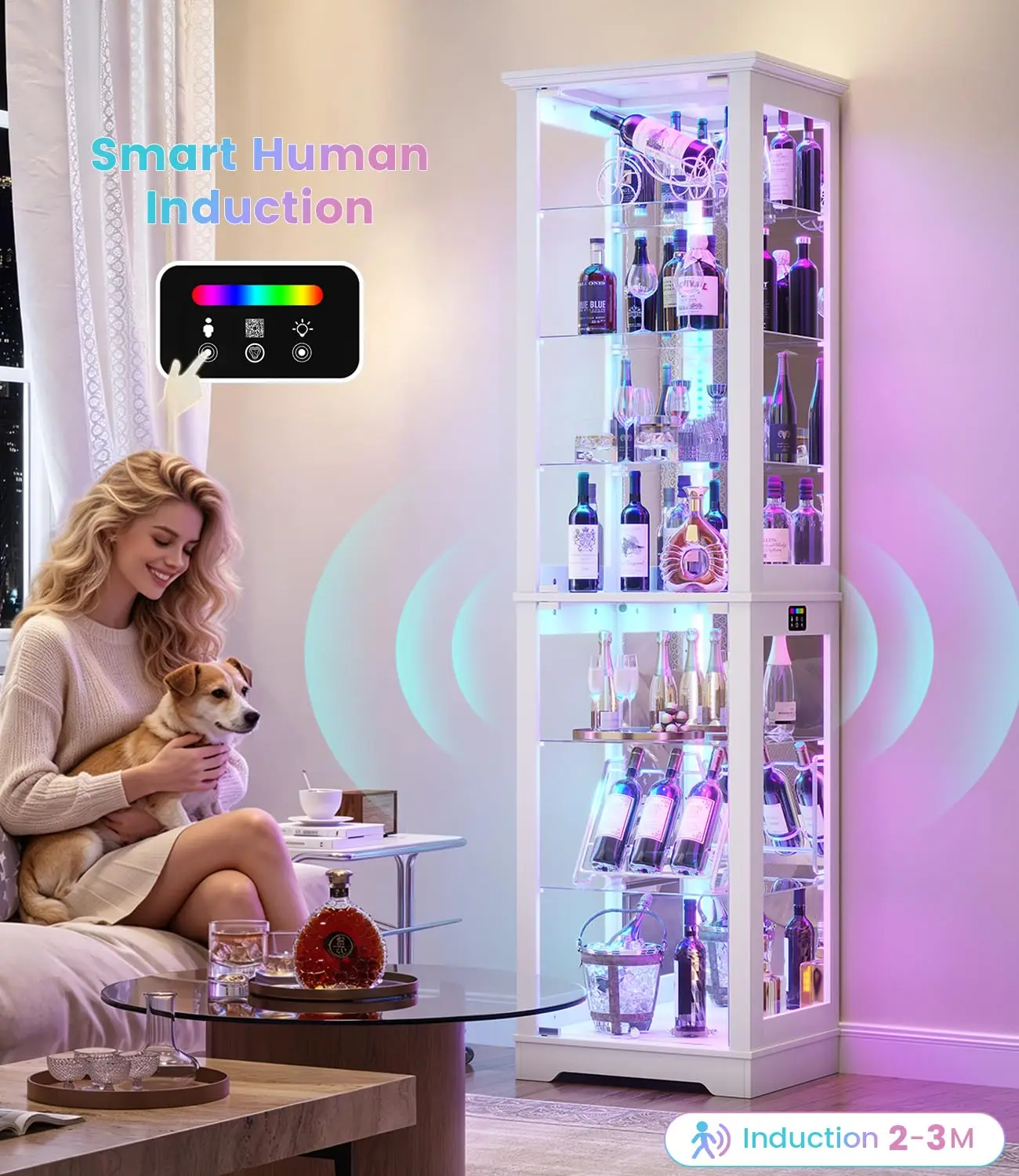 71" Tall Bar Cabinet with RGB Lights, 7-Tier Storage Shelves, White | Modern Home Liqour Cabinet with Motion, Customized image 5