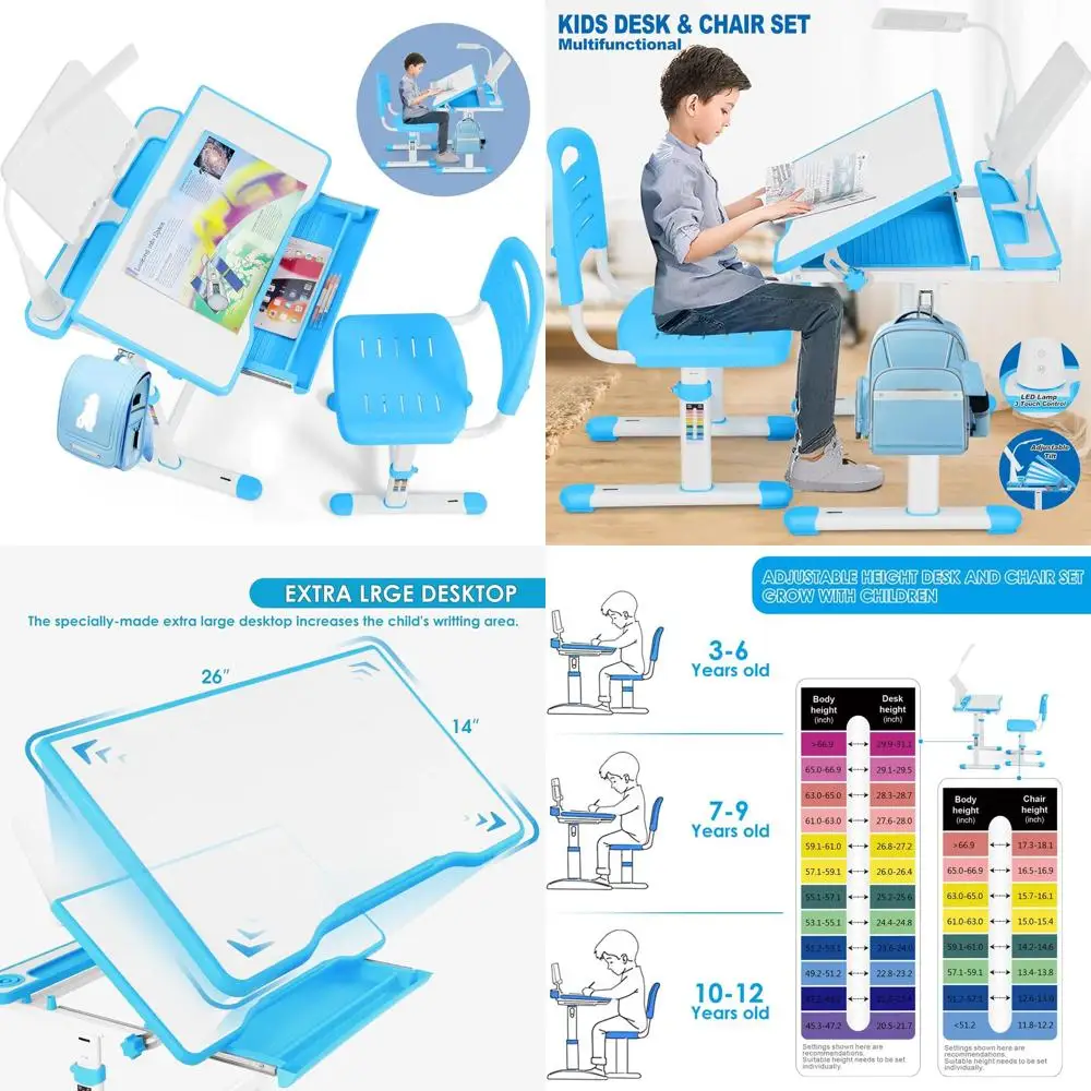 

Height-Adjustable Kids Desk & Chair Set with LED Lamp, Writing Board, Pencil Case, and Bookstand (Blue, 26 x 19)