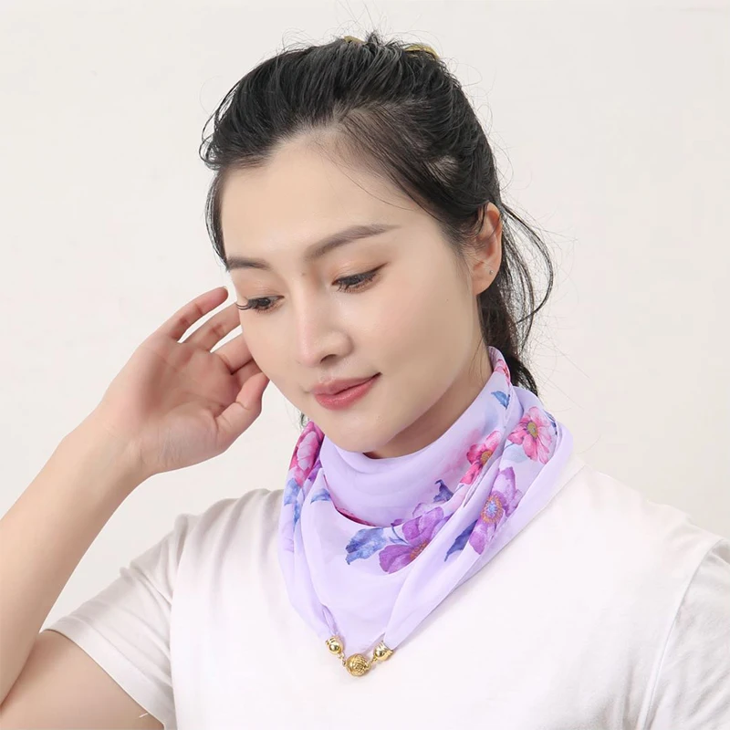 Women Versatile Lazy Scarf Magnetic Snap Square Scarf Small Gold Ball Silk Chiffon Multi-functional New Spring Summer Versatile