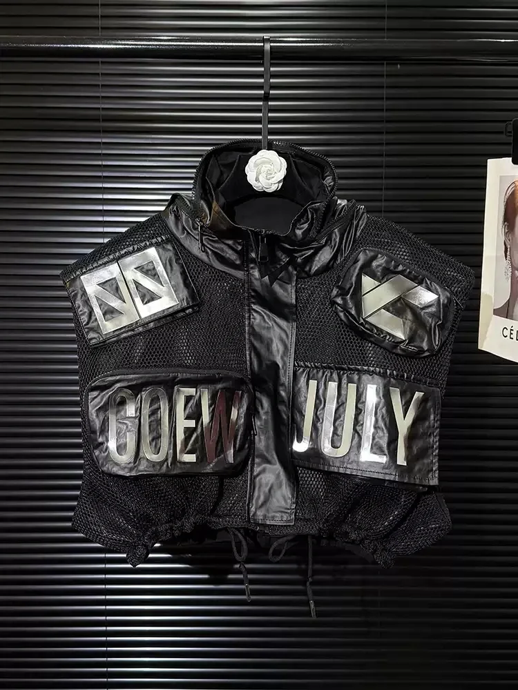 

American Fashion Silver Sequin Letter Design Cargo Style Multi-Pocket Hooded Mesh Spliced Short Vest Man Clothes