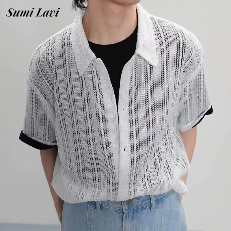 

2025 Summer Stylish Mens Mesh Shirt Knitted Hollow Out Transparent Knitting Shirts Men's Outdoor Casual Short Sleeve Cardigans