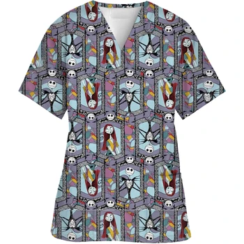 Top da infermiera da donna a maniche corte con scollo a V Halloween Moda da donna Stampa casual Top Tuta da lavoro protettiva Uniforme da lavoro medica