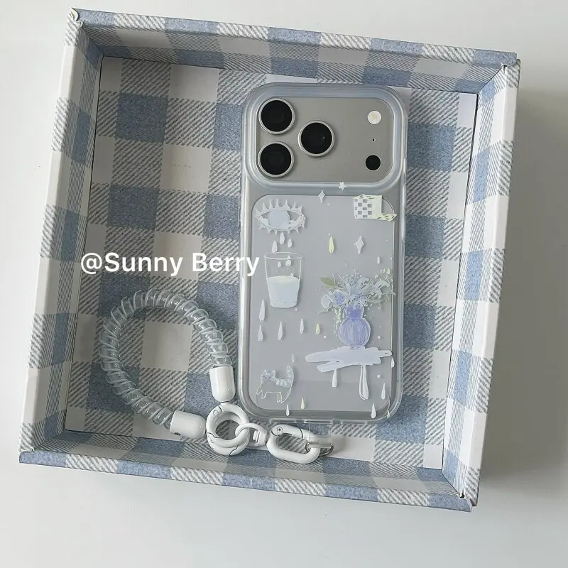 Korean Ins Blue Tear Vase Illustration Phone Case For iPhone 17Air 16 15 14 13 12 11 Pro Max Mini XR XS MAX 7 8 Plus Y2K Cover