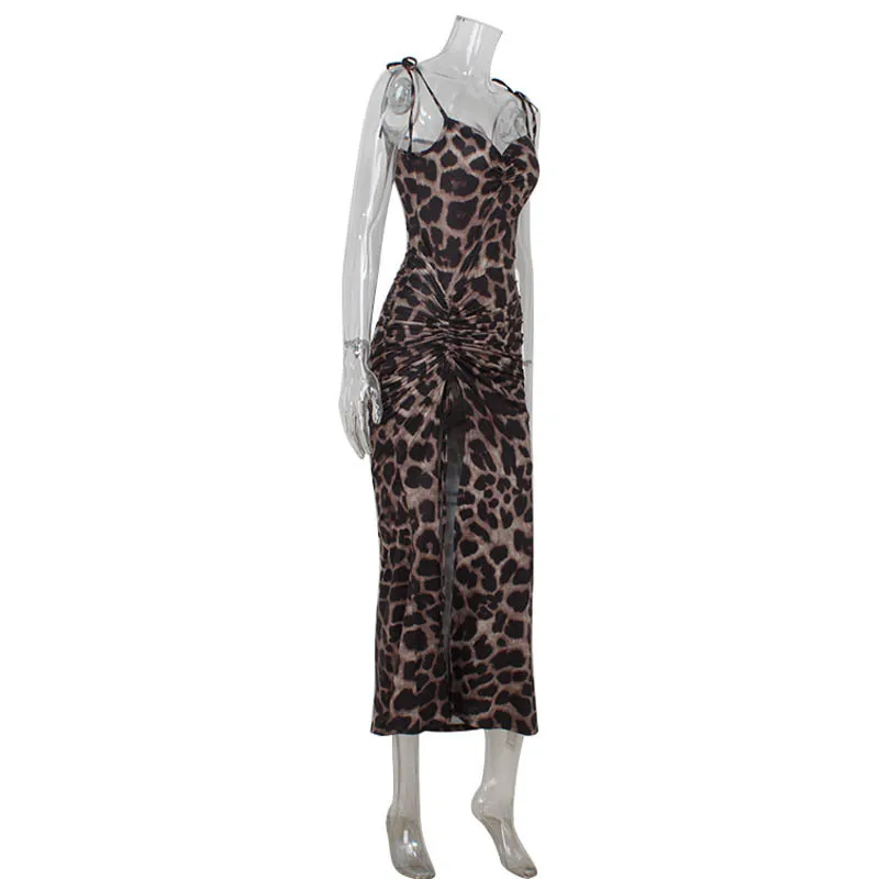 2026 nova tendência da moda feminina de alta qualidade elegante leopardo impressão fenda smocked cintura suspender quente menina senhoras vestido socialite