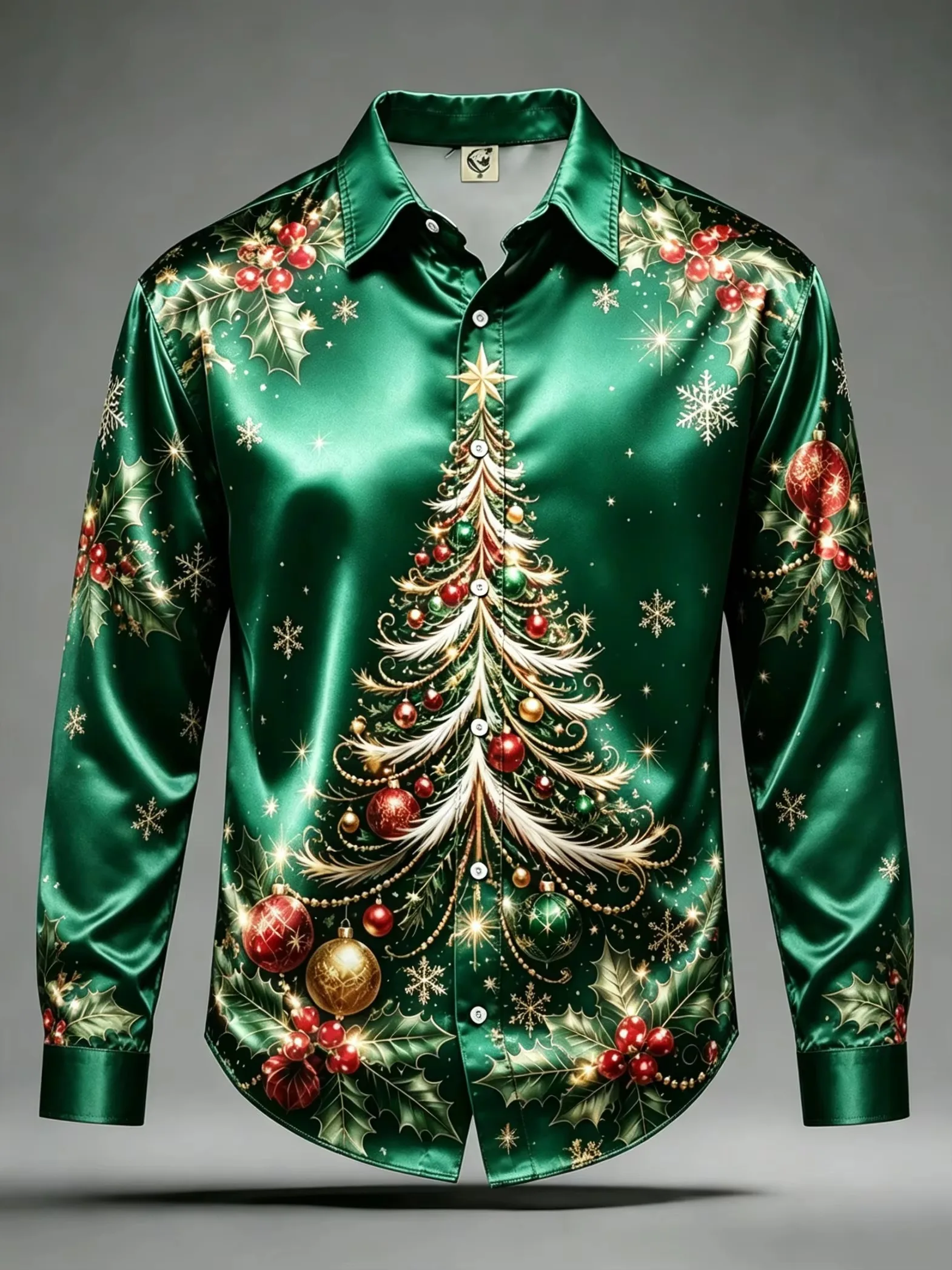 Men's Long-Sleeve Christmas Shirt Fall 2026 Christmas Tree Print Button-Down Collar Loose Fit Festive Party Streetwear Top