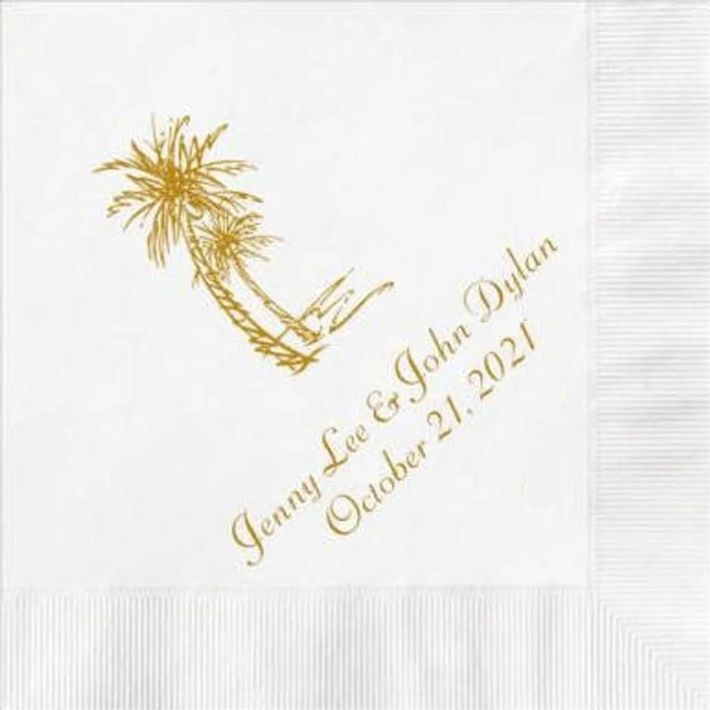 Palm Tree Beach Wedding Napkins Personalized Set of 100 Tropical Island Destination