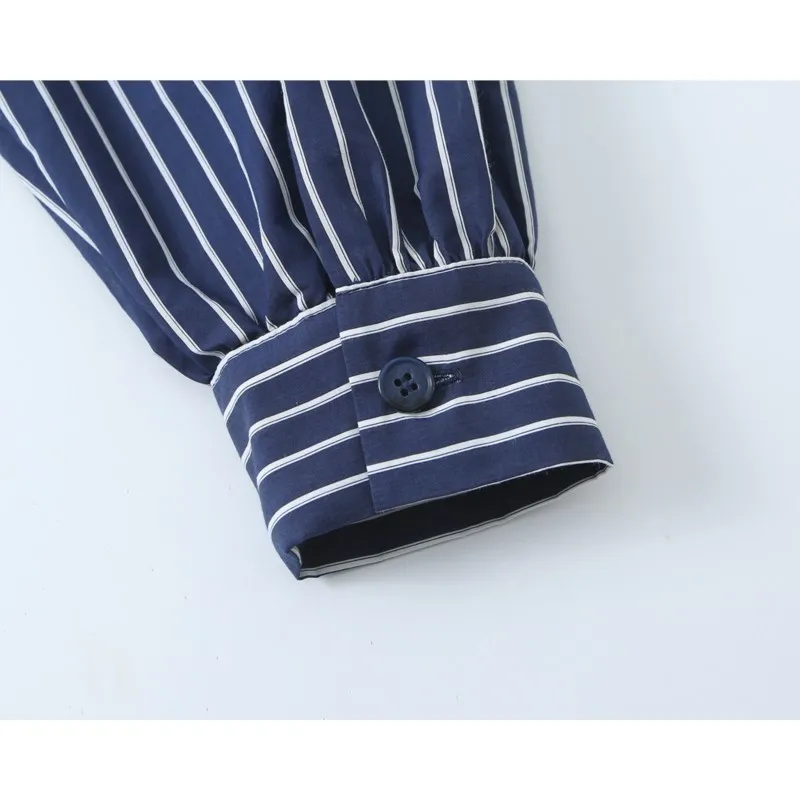 Women's bow tie fastening Striped Blouse With Lace-Up Autumn High-Neck Long Sleeve Button Women's Blouses Casual Female Shirts 5