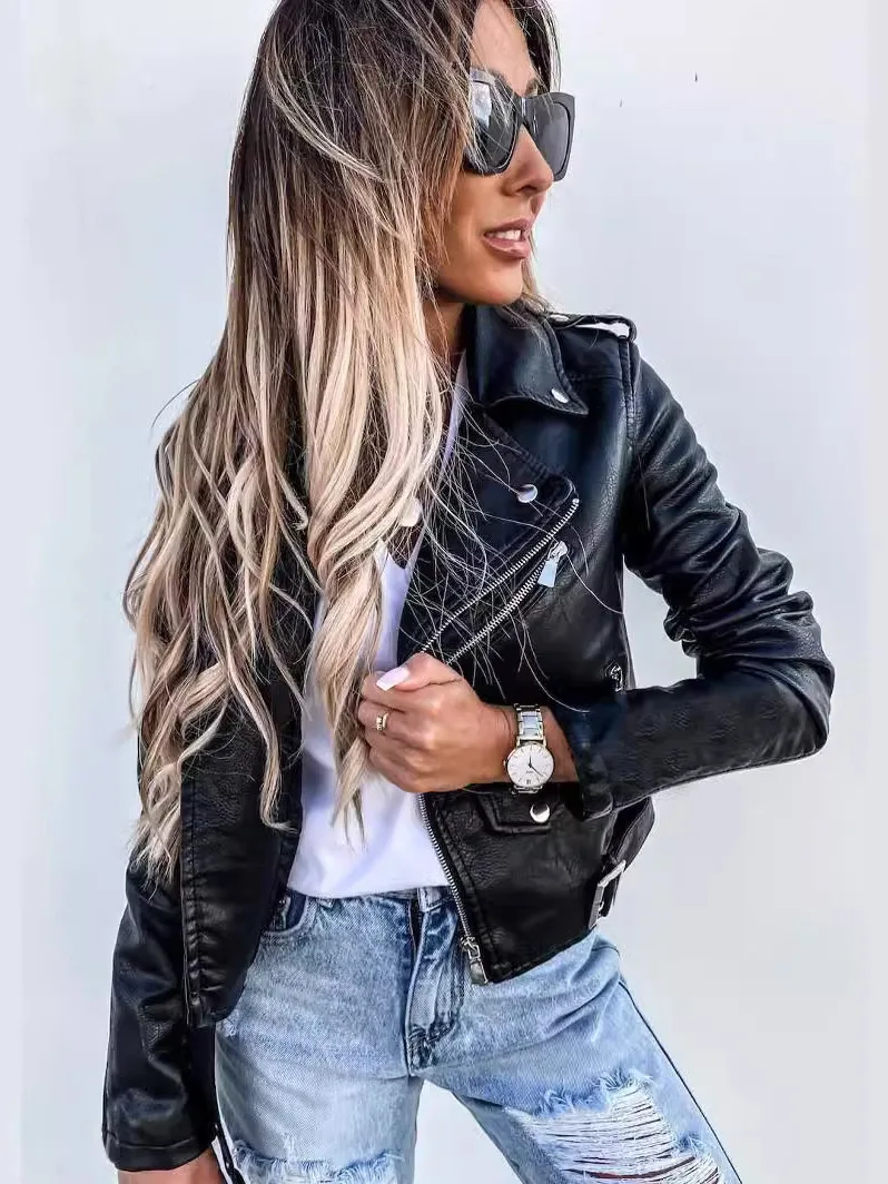 Spring Summer Women's PU Leather Jacket Slim Fit Style Long Sleeve Zipper Closure Ultra Short Length Fashionable Outerwear