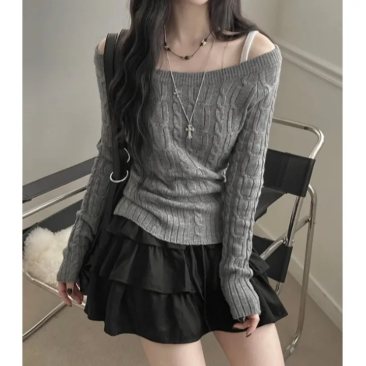 

Женский вязаный свитер, шикарный осенне-зимний длинный све T-топ для похудения, дизайн на одно плечо, модный