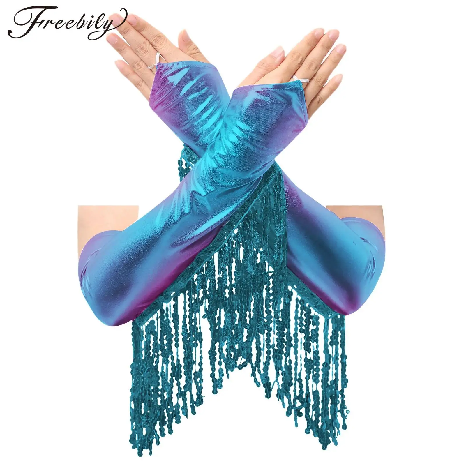 Gants de fête brillants pour femmes, longueur coude, longs pompons, paillettes métalliques, mitaines sans doigts, accessoires de Performance sur scène